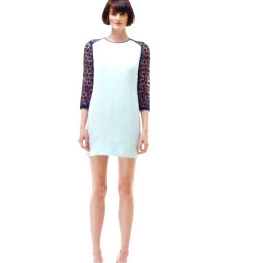 Club Monaco Long sleeve lace dress. Mint green with navy blue lace sleeves.